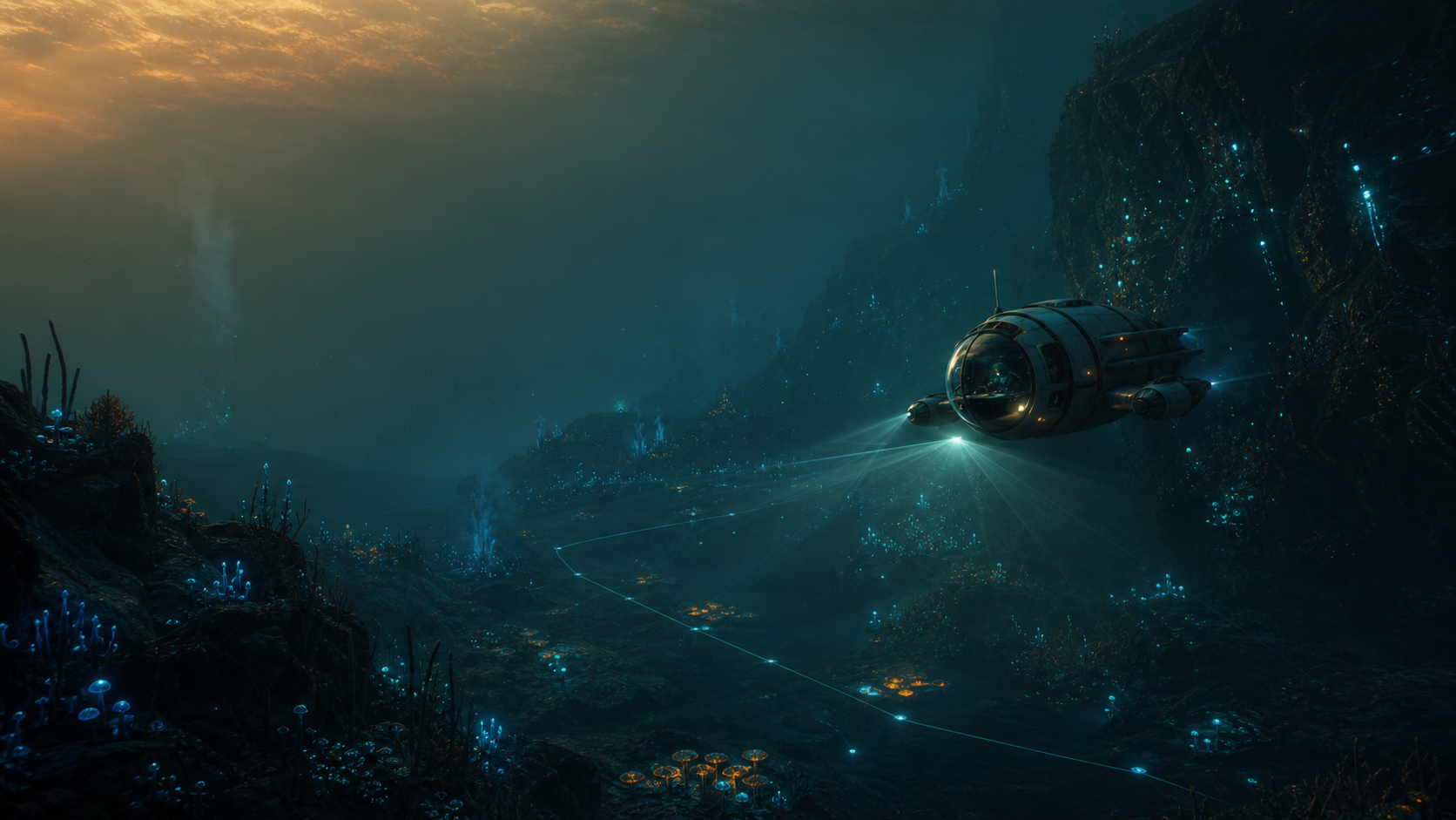 Original deep ocean route planning artwork with a small exploration craft and glowing resource path