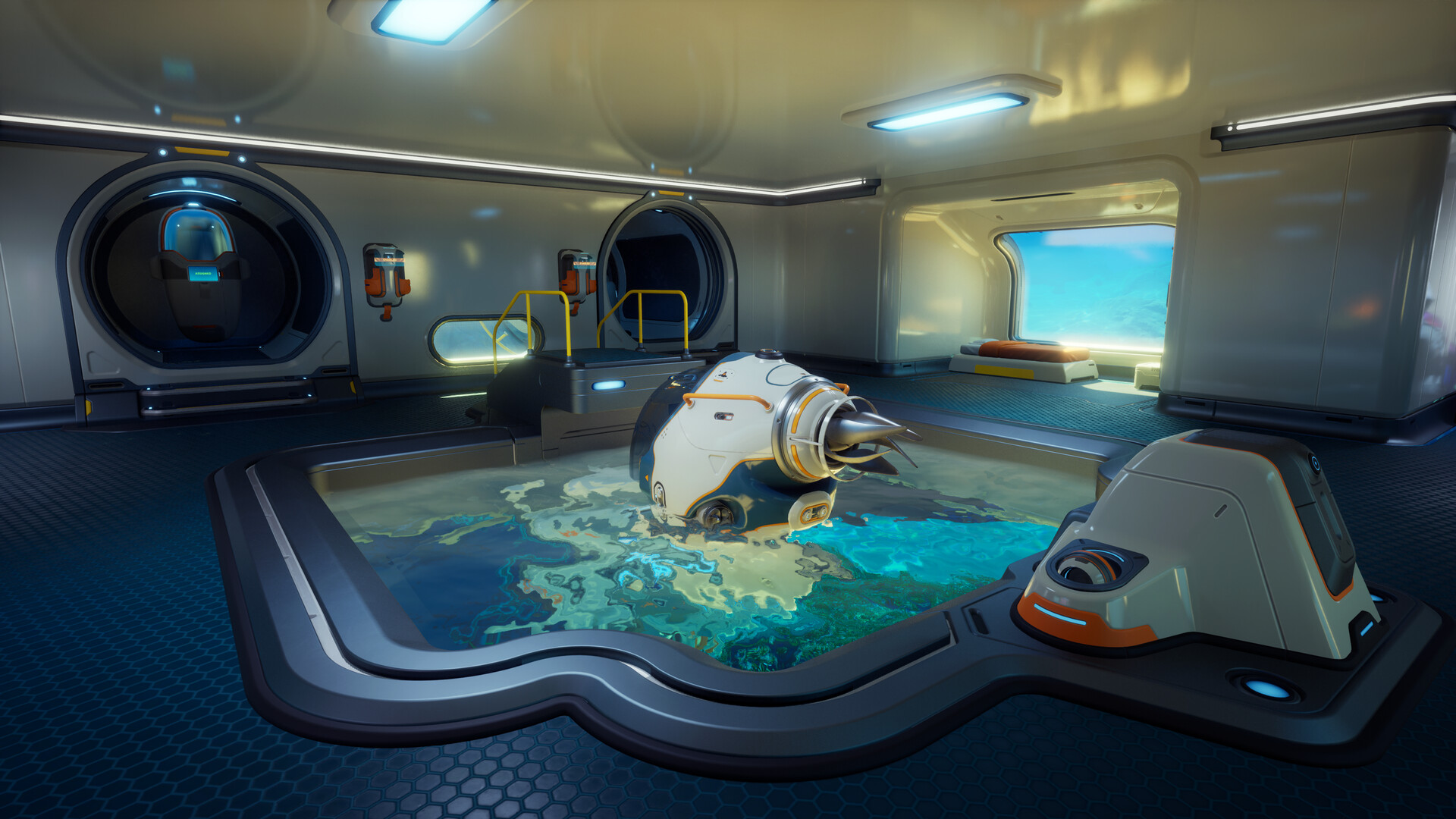 Official Subnautica 2 promotional screenshot showing an interior planning room with equipment