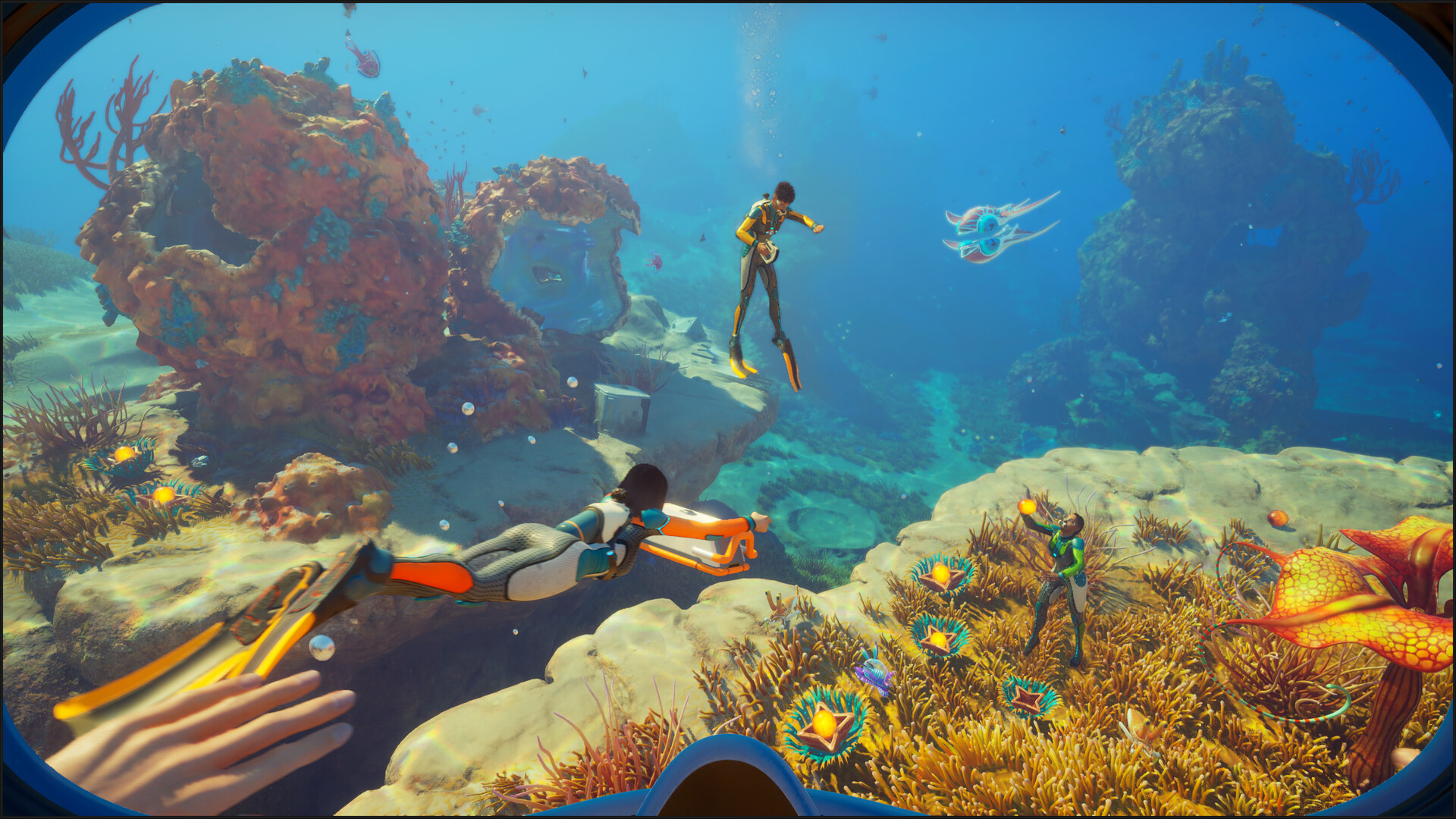 Official Subnautica 2 promotional screenshot showing a diver exploring a bright underwater biome