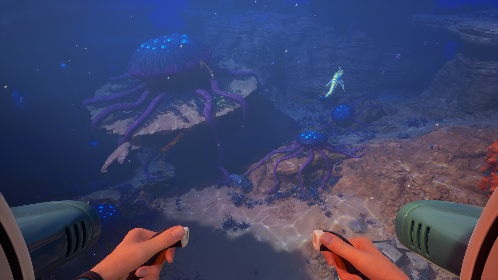 Official Subnautica 2 promotional screenshot showing a dark underwater biome and large creature silhouette